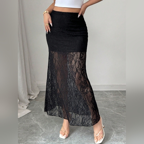 Just Jen Dresses & Skirts - Women's Full Size Chic Black Lace Sheer Skirt